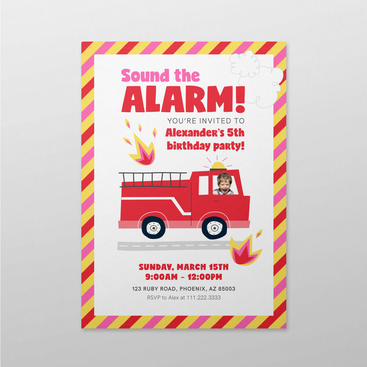 Fire truck-themed birthday invitation