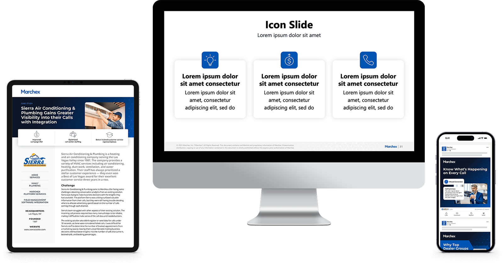 Rebranded Marchex case study, PowerPoint, and social images